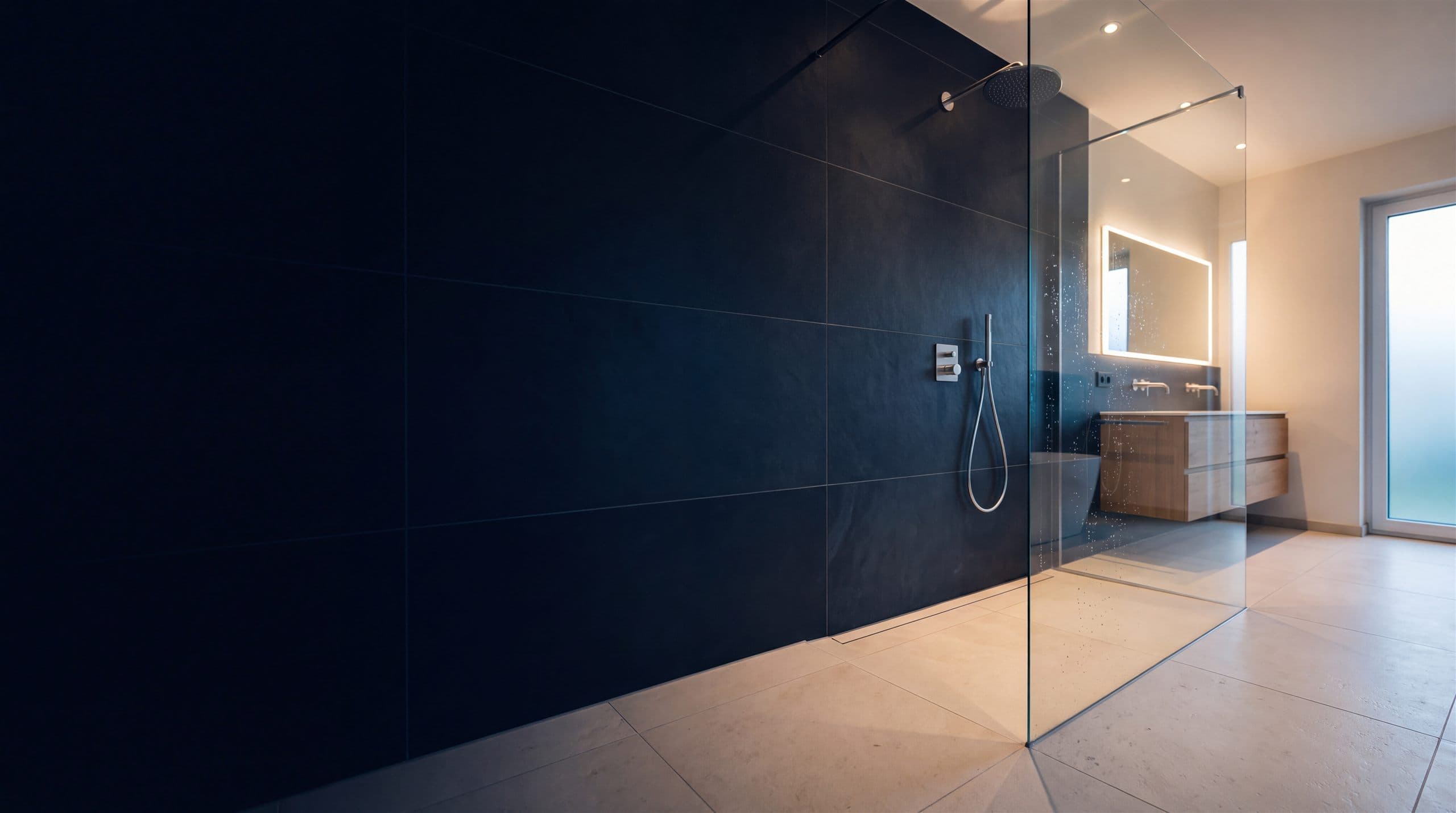 Neu saniertes Bad mit bodengleicher Dusche, Glaswand und Naturstein-Boden